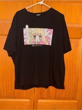 Black Graphic Tee with Pink Anime Art